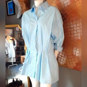 Zara 100% Cotton Light Blue Button-Up Shirt Dress